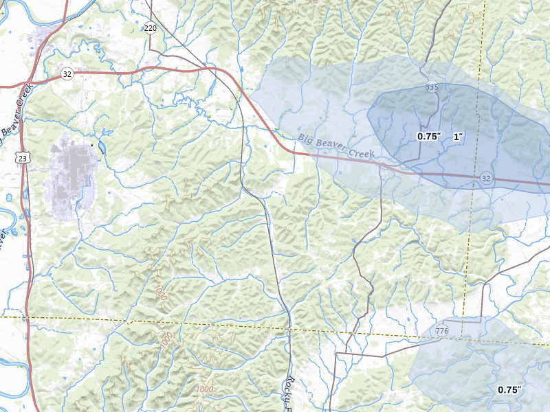 NEXRAD radar-signature map of the hail storm over Beaver, OH on Aug 8, 2026