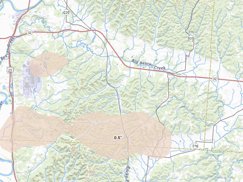 Radar-estimated hail-size map of the storm over Beaver, OH on Aug 11, 2026