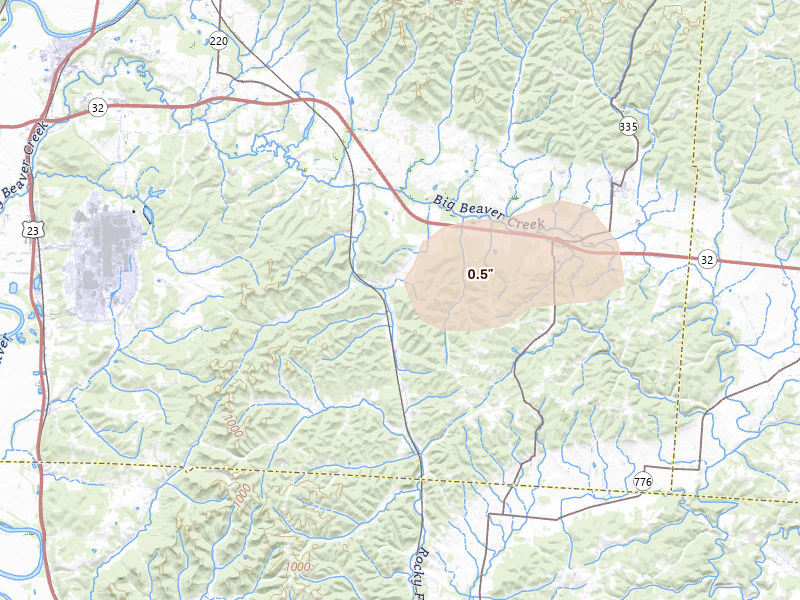 Radar-estimated hail-size map of the storm over Beaver, OH on Aug 22, 2026