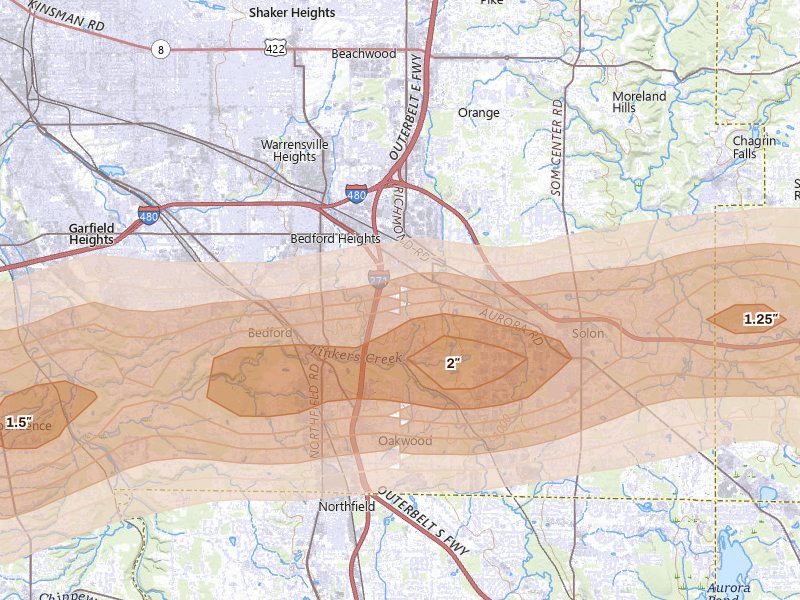 Radar-estimated hail-size map of the storm over Bedford, OH