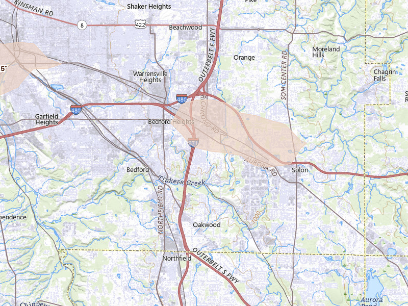 Radar-estimated hail-size map of the storm over Bedford, OH on Jun 25, 2026
