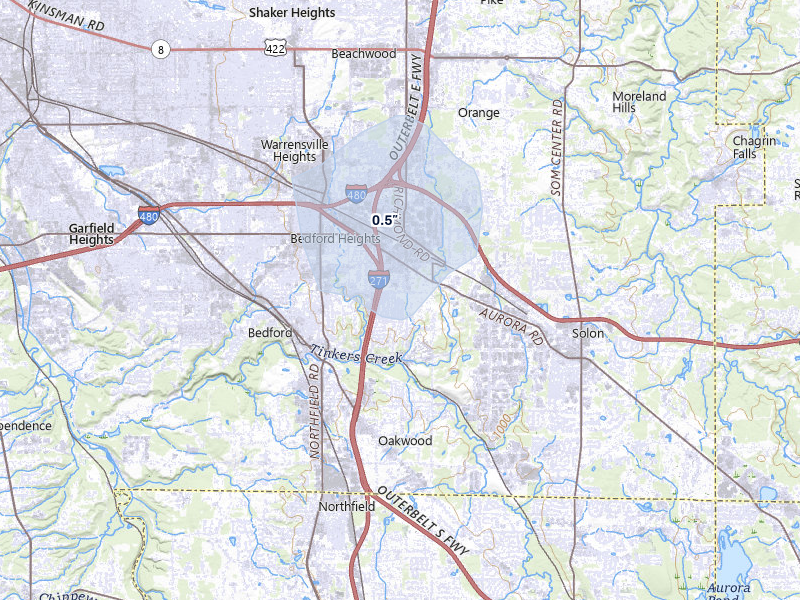 NEXRAD radar-signature map of the hail over Bedford, OH