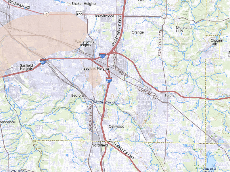 Radar-estimated hail-size map of the storm over Bedford, OH on Aug 22, 2026