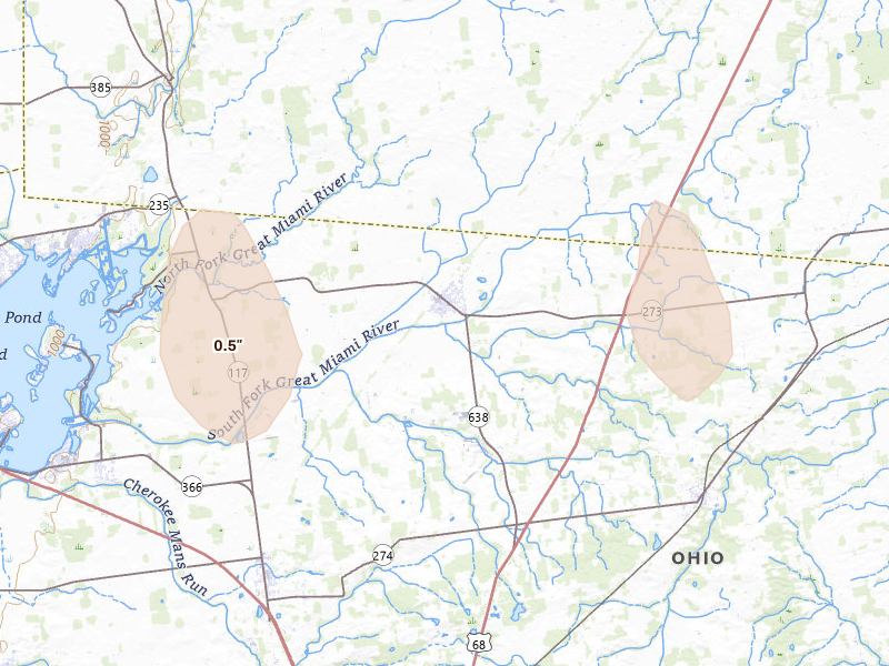 Radar-estimated hail-size map of the storm over Belle Center, OH on Jun 6, 2026