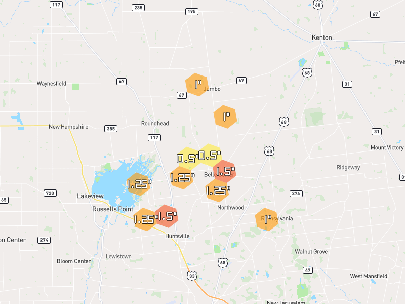 Hail map of Belle Center, OH on Jun 6, 2026, hail up to 1.5"