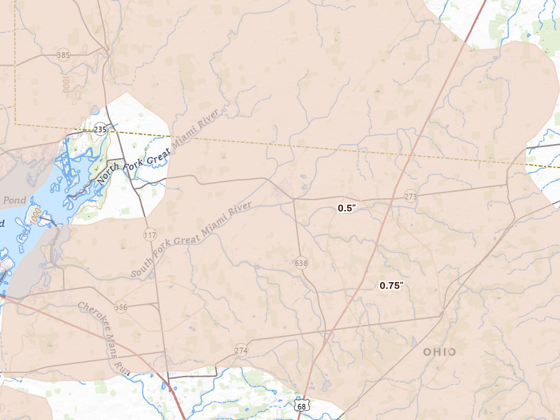 Radar-estimated hail-size map of the storm over Belle Center, OH on Aug 10, 2026