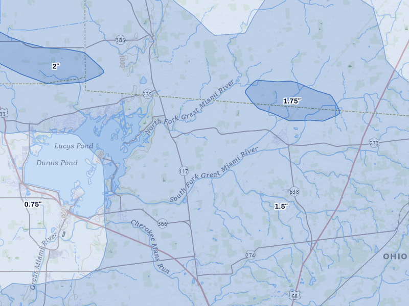 NEXRAD radar-signature map of the hail storm over Belle Center, OH on Aug 10, 2026