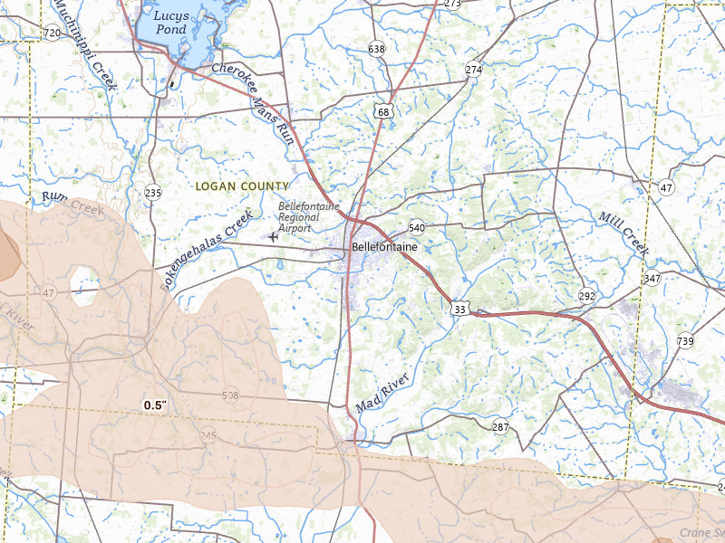 Radar-estimated hail-size map of the storm over Bellefontaine, OH on Mar 22, 2026