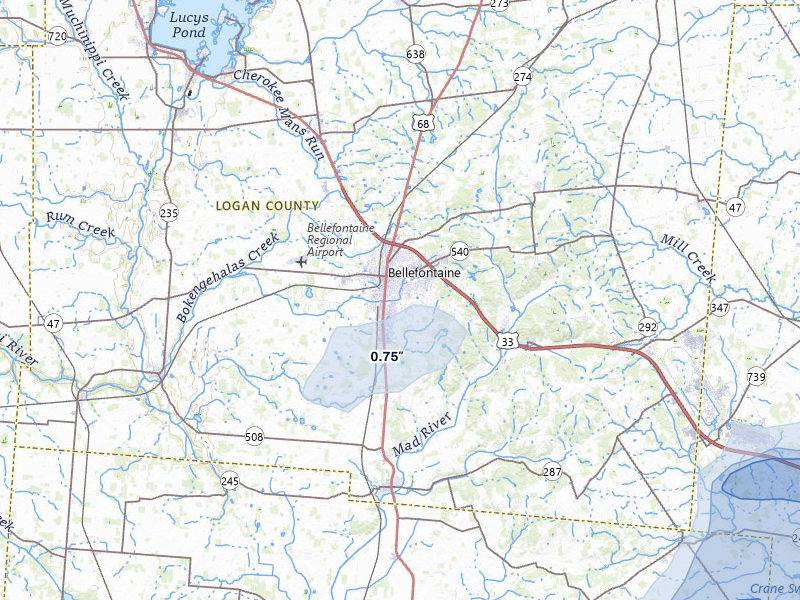 NEXRAD radar-signature map of the hail storm over Bellefontaine, OH on May 16, 2026
