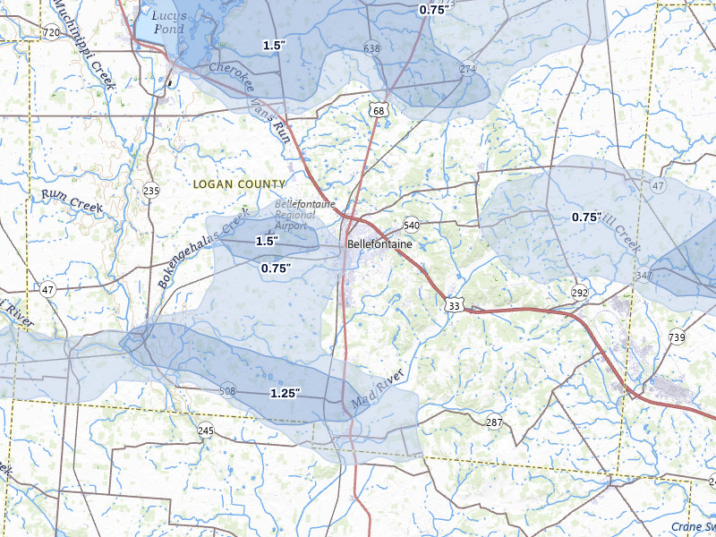 NEXRAD radar-signature map of the hail storm over Bellefontaine, OH on Jun 6, 2026