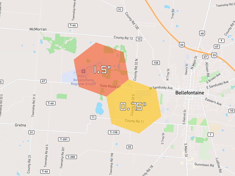 Hail map of Bellefontaine, OH on Jun 6, 2026, hail up to 1.5"