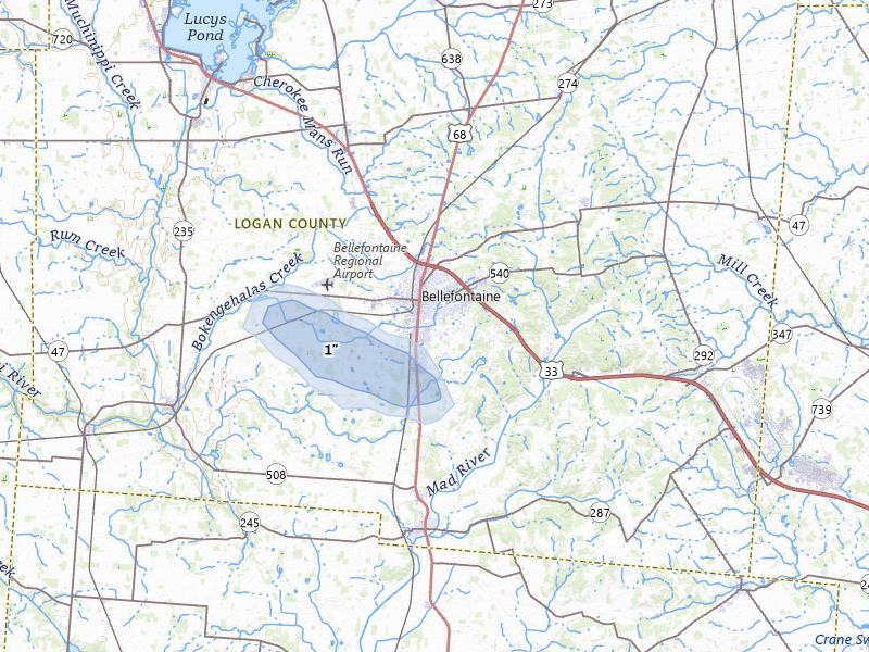 NEXRAD radar-signature map of the hail storm over Bellefontaine, OH on Jul 27, 2026