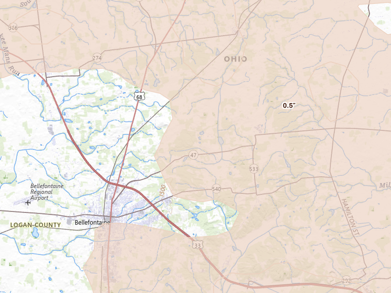 Radar-estimated hail-size map of the storm over Bellefontaine, OH on Aug 10, 2026