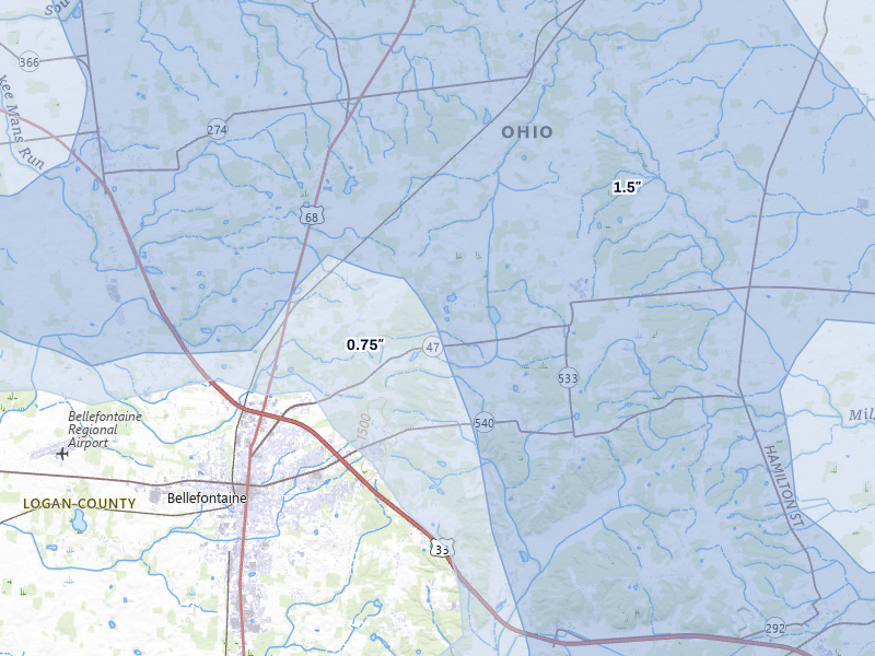 NEXRAD radar-signature map of the hail storm over Bellefontaine, OH on Aug 10, 2026