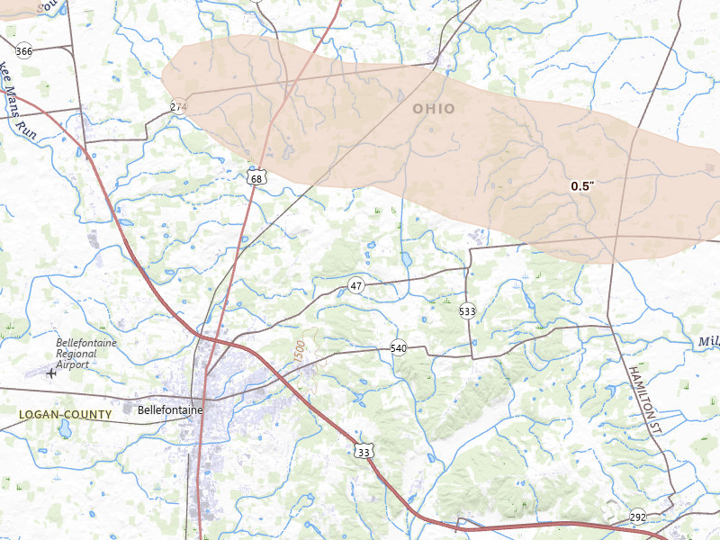 Radar-estimated hail-size map of the storm over Bellefontaine, OH on Aug 11, 2026