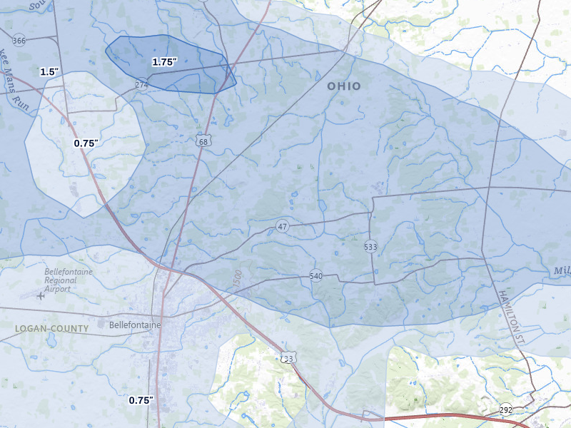 NEXRAD radar-signature map of the hail storm over Bellefontaine, OH on Aug 11, 2026
