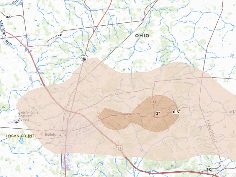 Radar-estimated hail-size map of the storm over Bellefontaine, OH on Sep 4, 2026