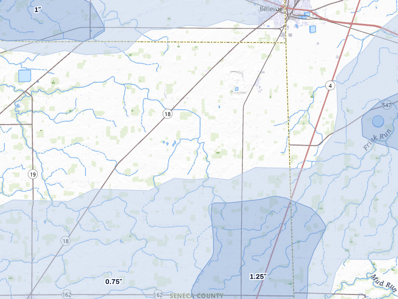 NEXRAD radar-signature map of the hail over Bellevue, OH