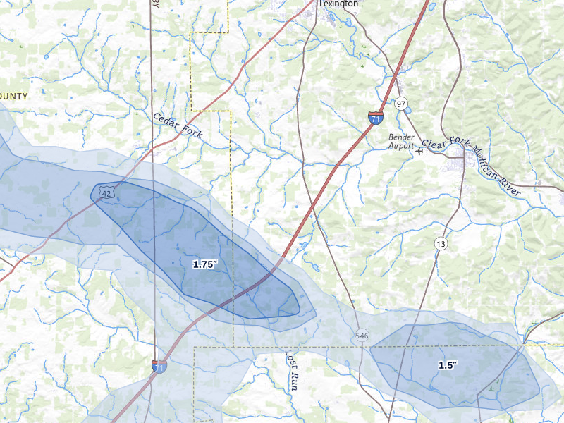 NEXRAD radar-signature map of the hail over Bellville, OH