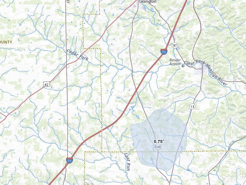 NEXRAD radar-signature map of the hail over Bellville, OH