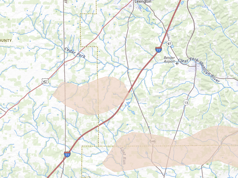 Radar-estimated hail-size map of the storm over Bellville, OH on Apr 3, 2026