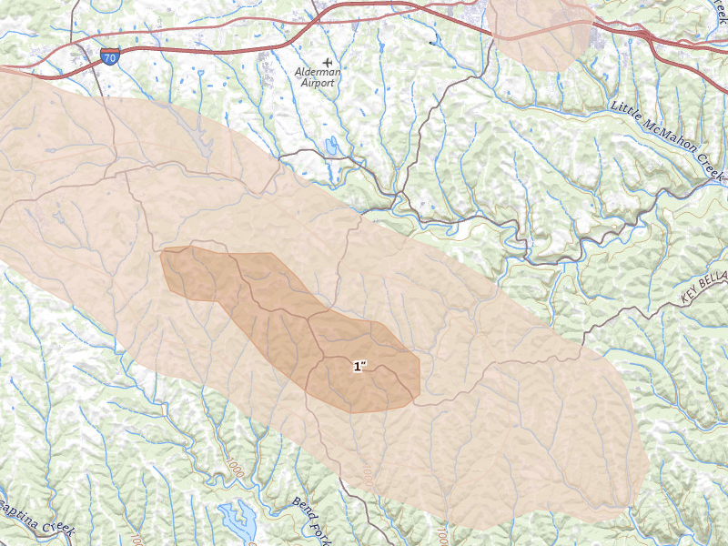 Radar-estimated hail-size map of the storm over Belmont, OH on Aug 10, 2026