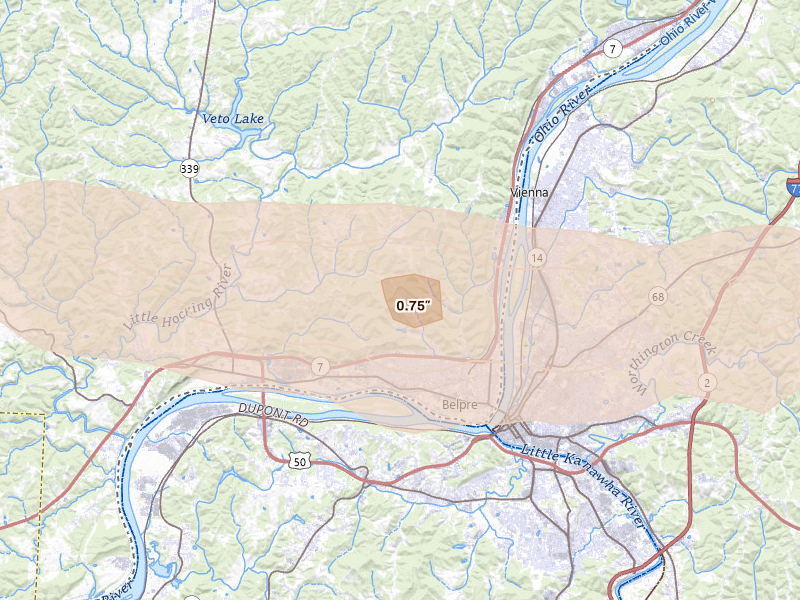 Radar-estimated hail-size map of the storm over Belpre, OH on Apr 1, 2026