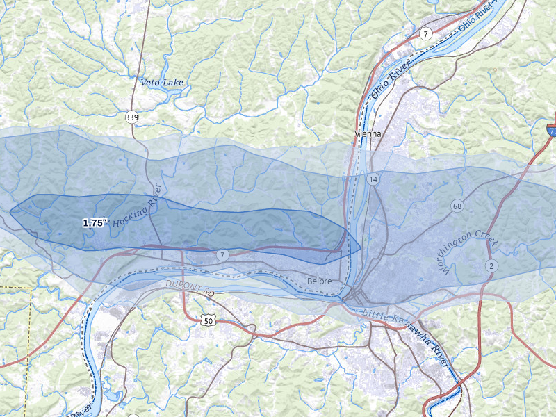 NEXRAD radar-signature map of the hail storm over Belpre, OH on Apr 1, 2026