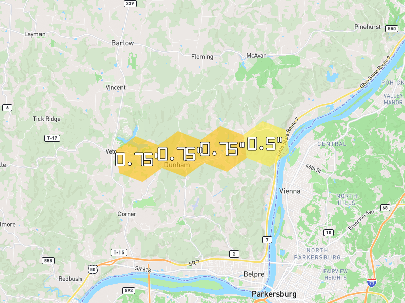 Hail map of Belpre, OH on Jul 21, 2026, hail up to 0.75"