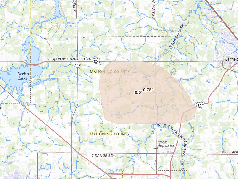 Radar-estimated hail-size map of the storm over Berlin Center, OH on Aug 10, 2026