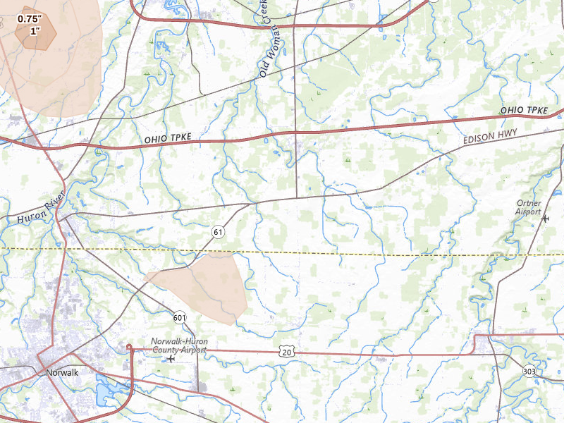 Radar-estimated hail-size map of the storm over Berlin Heights, OH on Jun 6, 2026