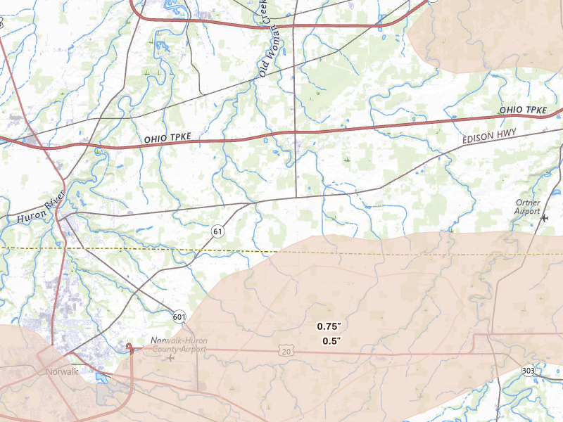 Radar-estimated hail-size map of the storm over Berlin Heights, OH on Jun 10, 2026