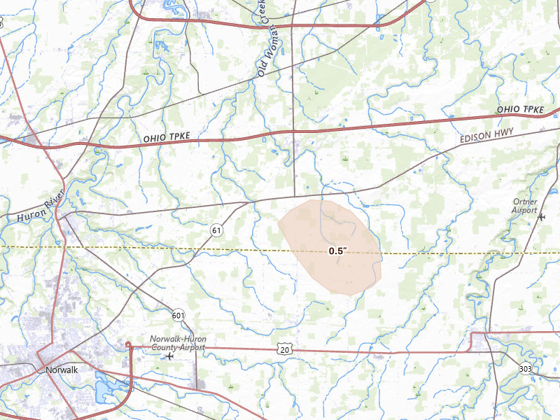 Radar-estimated hail-size map of the storm over Berlin Heights, OH on Aug 9, 2026