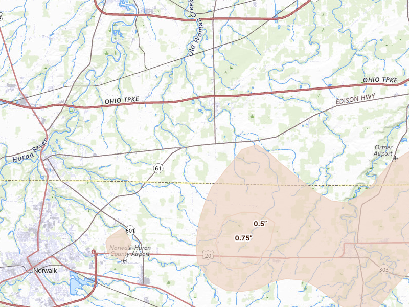 Radar-estimated hail-size map of the storm over Berlin Heights, OH on Aug 10, 2026