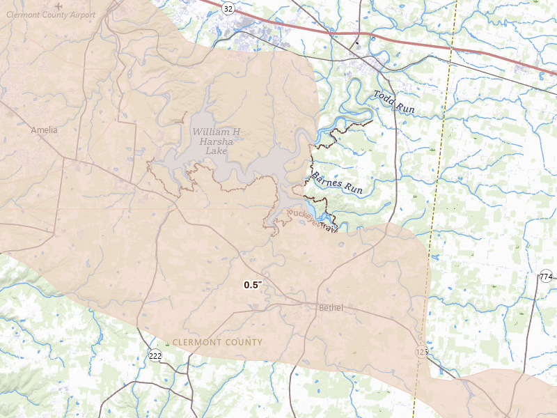 Radar-estimated hail-size map of the storm over Bethel, OH on Jul 21, 2026