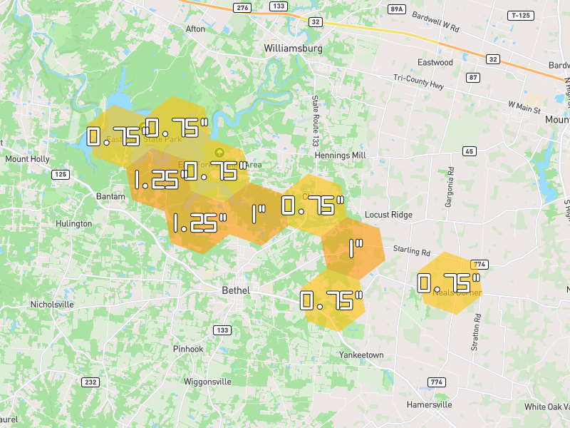 Hail map of Bethel, OH on Jul 21, 2026, hail up to 1.25"