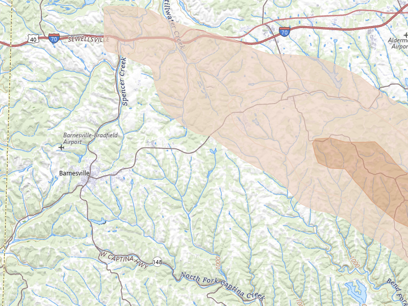 Radar-estimated hail-size map of the storm over Bethesda, OH on Aug 10, 2026