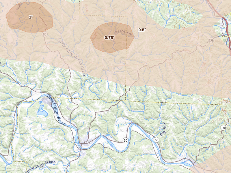 Radar-estimated hail-size map of the storm over Beverly, OH on Jul 21, 2026
