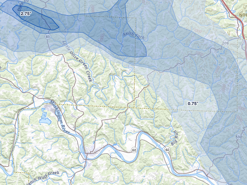 NEXRAD radar-signature map of the hail storm over Beverly, OH on Jul 21, 2026