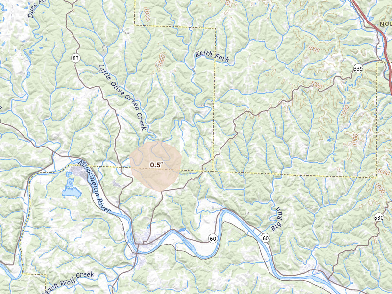 Radar-estimated hail-size map of the storm over Beverly, OH on Aug 27, 2026