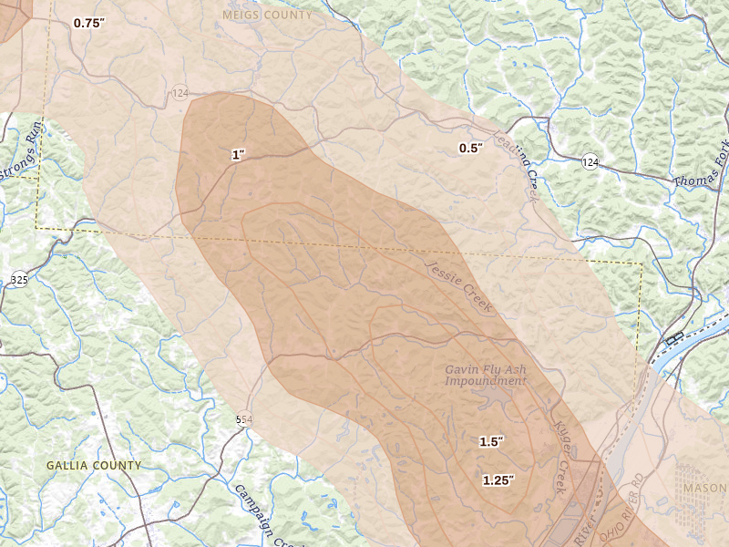 Radar-estimated hail-size map of the storm over Bidwell, OH on Aug 10, 2026