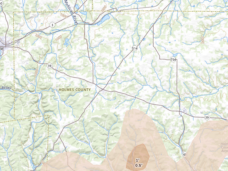 Radar-estimated hail-size map of the storm over Big Prairie, OH on Mar 22, 2026