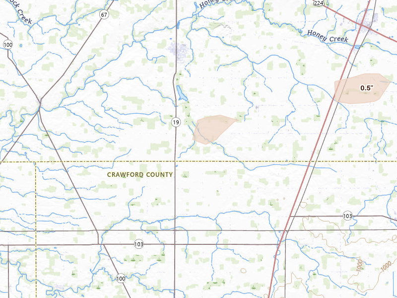 Radar-estimated hail-size map of the storm over Bloomville, OH on Mar 31, 2026