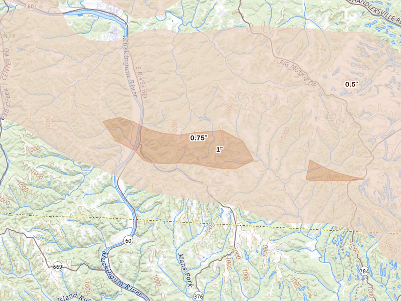 Radar-estimated hail-size map of the storm over Blue Rock, OH on Jul 21, 2026