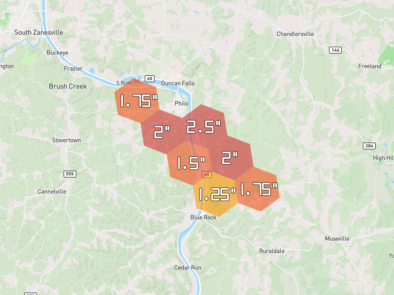 Hail map of Blue Rock, OH on Jul 21, 2026, hail up to 2.5"