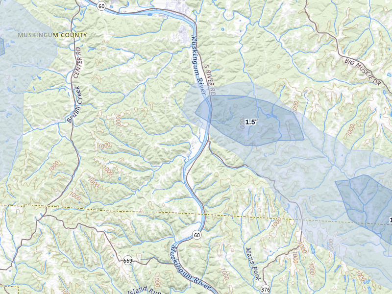NEXRAD radar-signature map of the hail storm over Blue Rock, OH on Aug 10, 2026