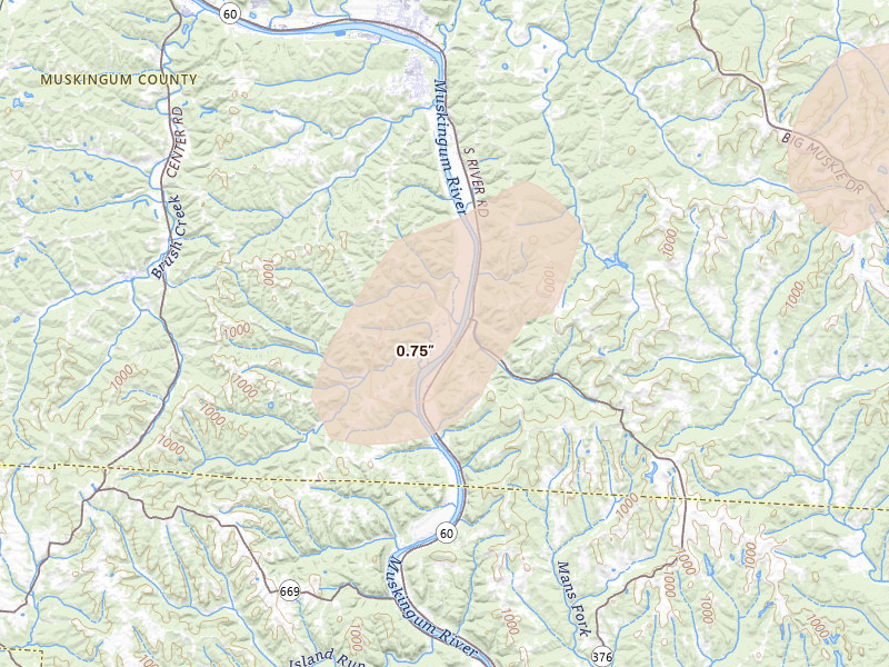 Radar-estimated hail-size map of the storm over Blue Rock, OH on Aug 22, 2026
