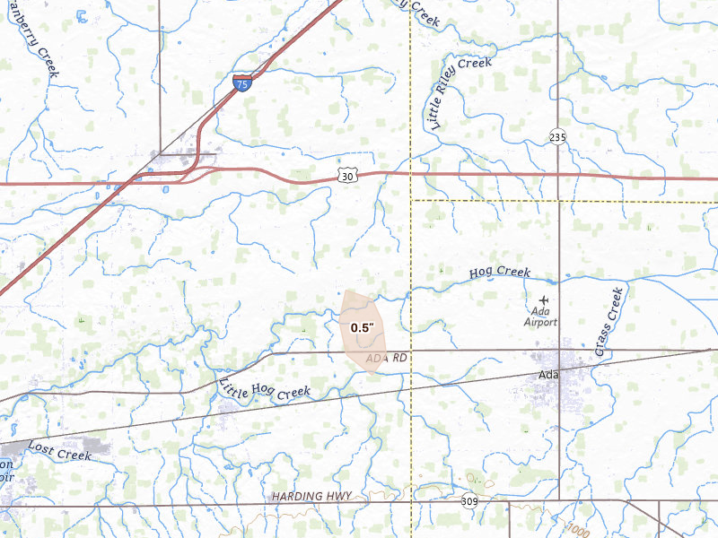 Radar-estimated hail-size map of the storm over Bluffton, OH on Mar 22, 2026