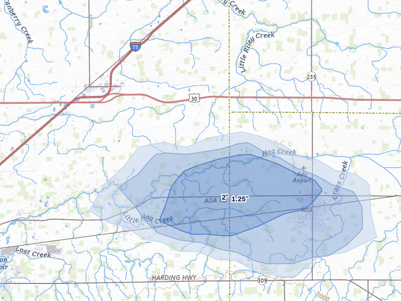 NEXRAD radar-signature map of the hail over Bluffton, OH