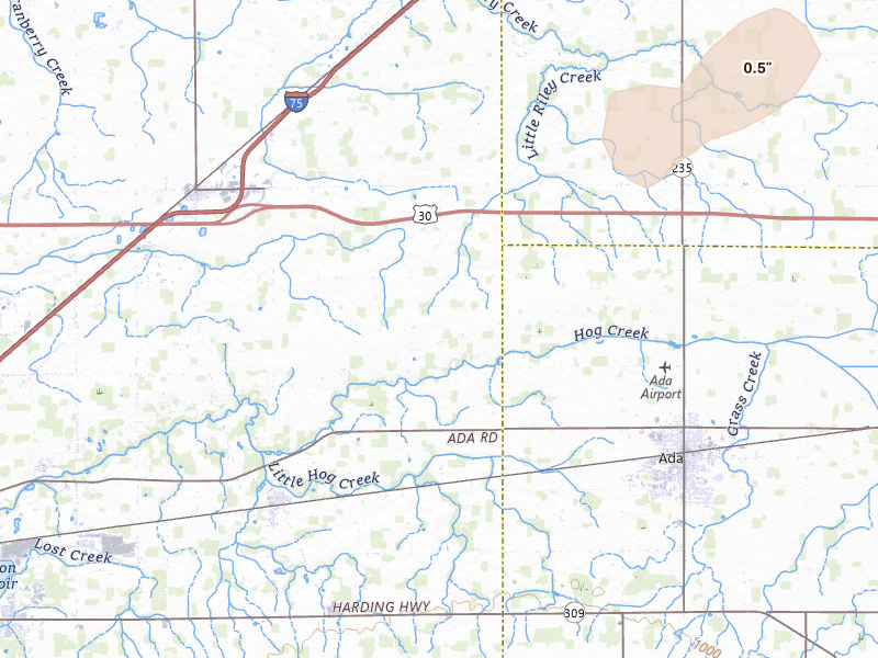 Radar-estimated hail-size map of the storm over Bluffton, OH on Jul 3, 2026
